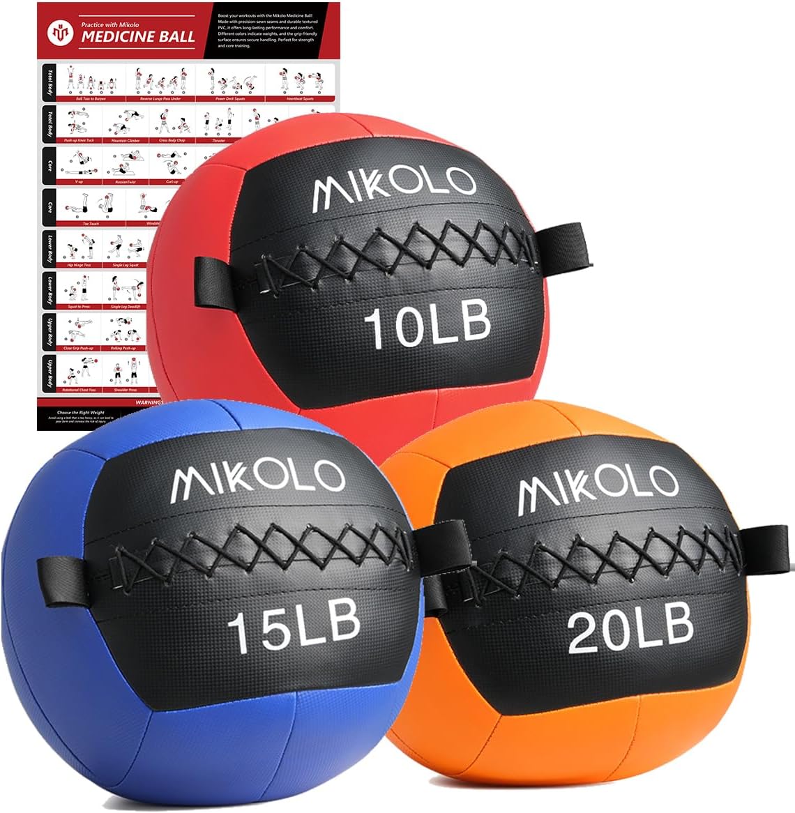 Mikolo Medicine Ball, Wall Ball,Soft Medicine Ball Set,Slam Ball for Core Training, Strength Workouts -Multi-Weight 10lbs 20lbs Exercise Balls for Home Gym, Functional Fitness (10/15/20/25LB)