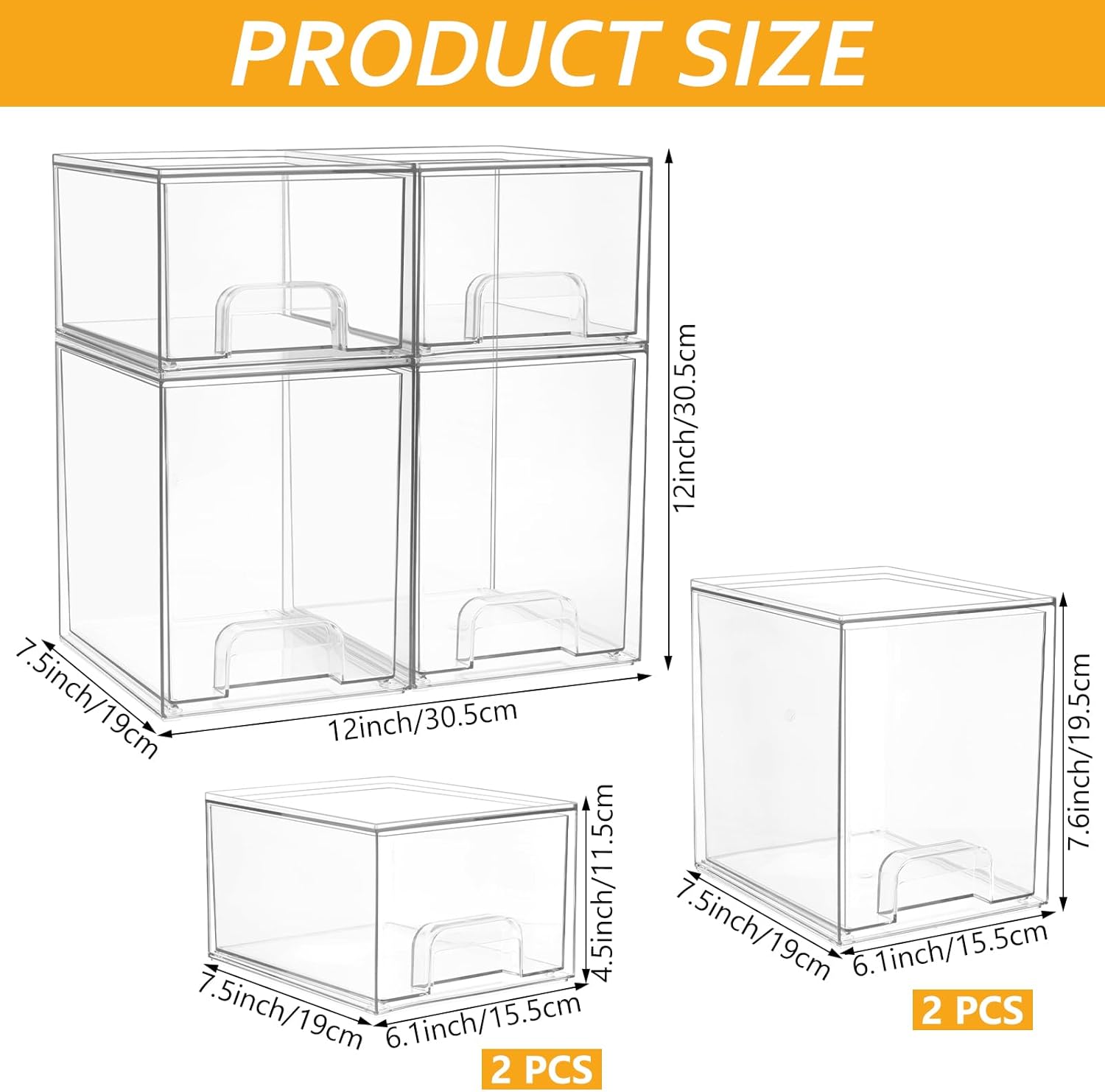 Baby Bottle Organizer 4 Pack Clear Space-Saving Stackable Drawer with Handle for Pacifiers Pump Parts Desk Organizer Bins Station Organizers Container for Countertop Cabinet Bathroom Vanity Pantry