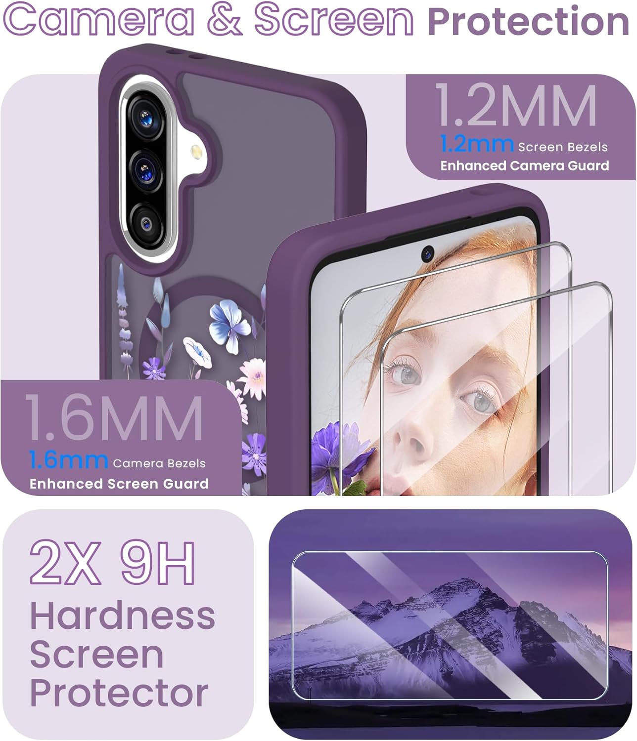 for Samsung Galaxy A36 5G 6.7 inch Floral Phone Case with 2X Screen Protector, Military Grade Magnetic Translucent Matte Girls Women Flower Pattern Protective Cover for A36 5G (Deep Purple) - Image 3