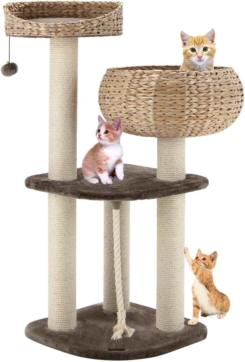 41 Inches Wicker Cat Tree, Modern Cat Tower with Handwoven Cat Condo & Perch, Scratching Post, Dangling Balls and Sisal Rope, Indoor Cat Tree Tower for Large Adult Cats 20 Lbs