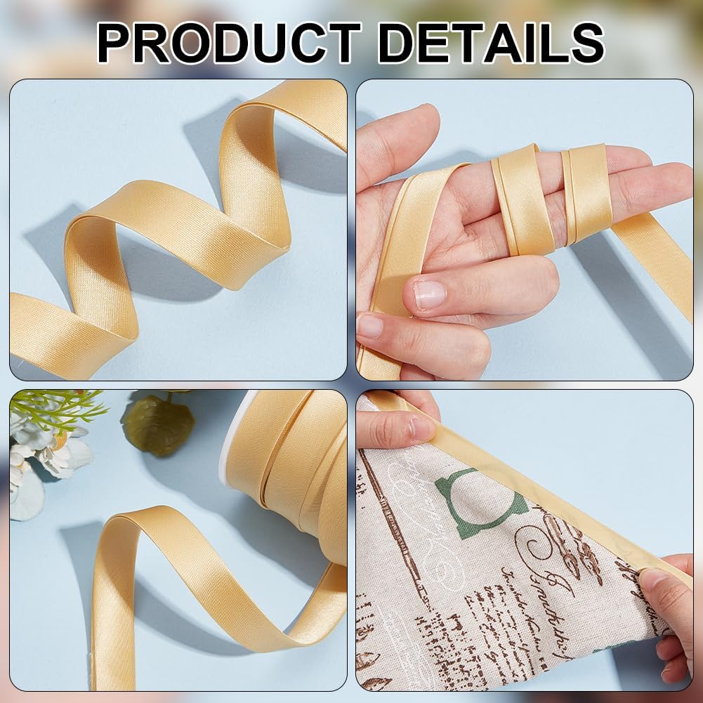 BENECREAT 13.6 Yard Satin Bias Tape 15mm/0.6inch Double Fold Satin Binding Bias Ribbon for Cheongsam Decoration, Clothing Seaming Piping, Light Khaki