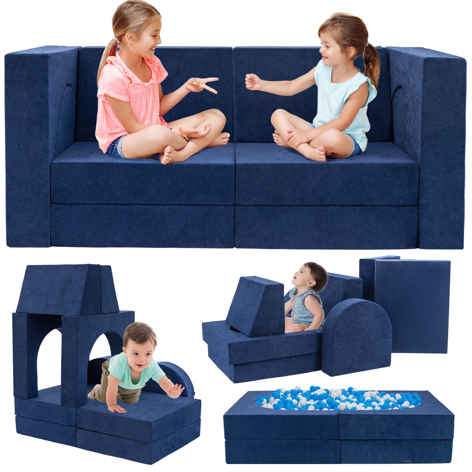 Fvkind 10 Pcs Modular Kids Play Couch with Foam and Washable Cover, Blue
