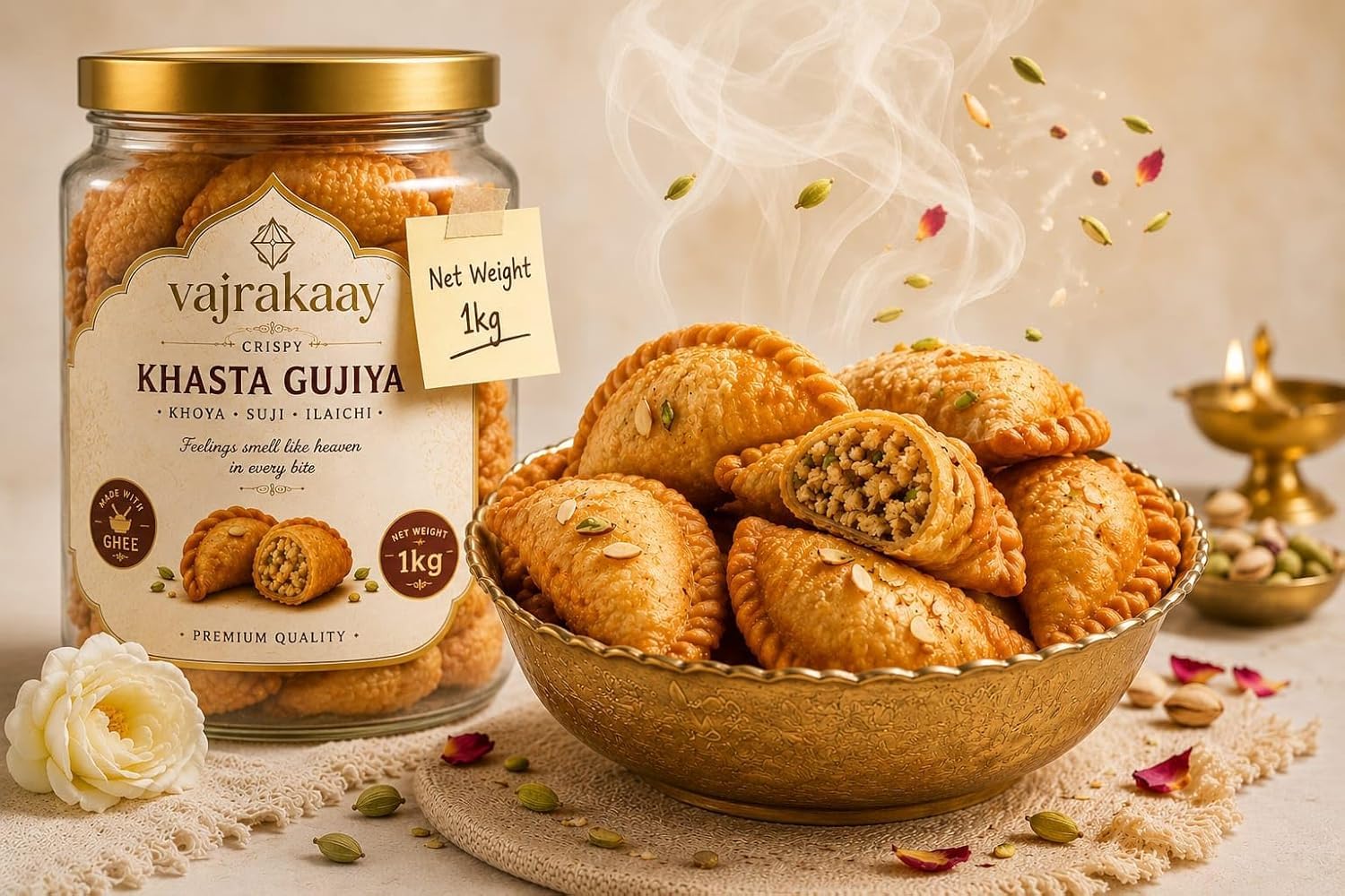 Vajrakaay Khasta Gujiya Rose Elaichi Khoya Suji Made with Ghee