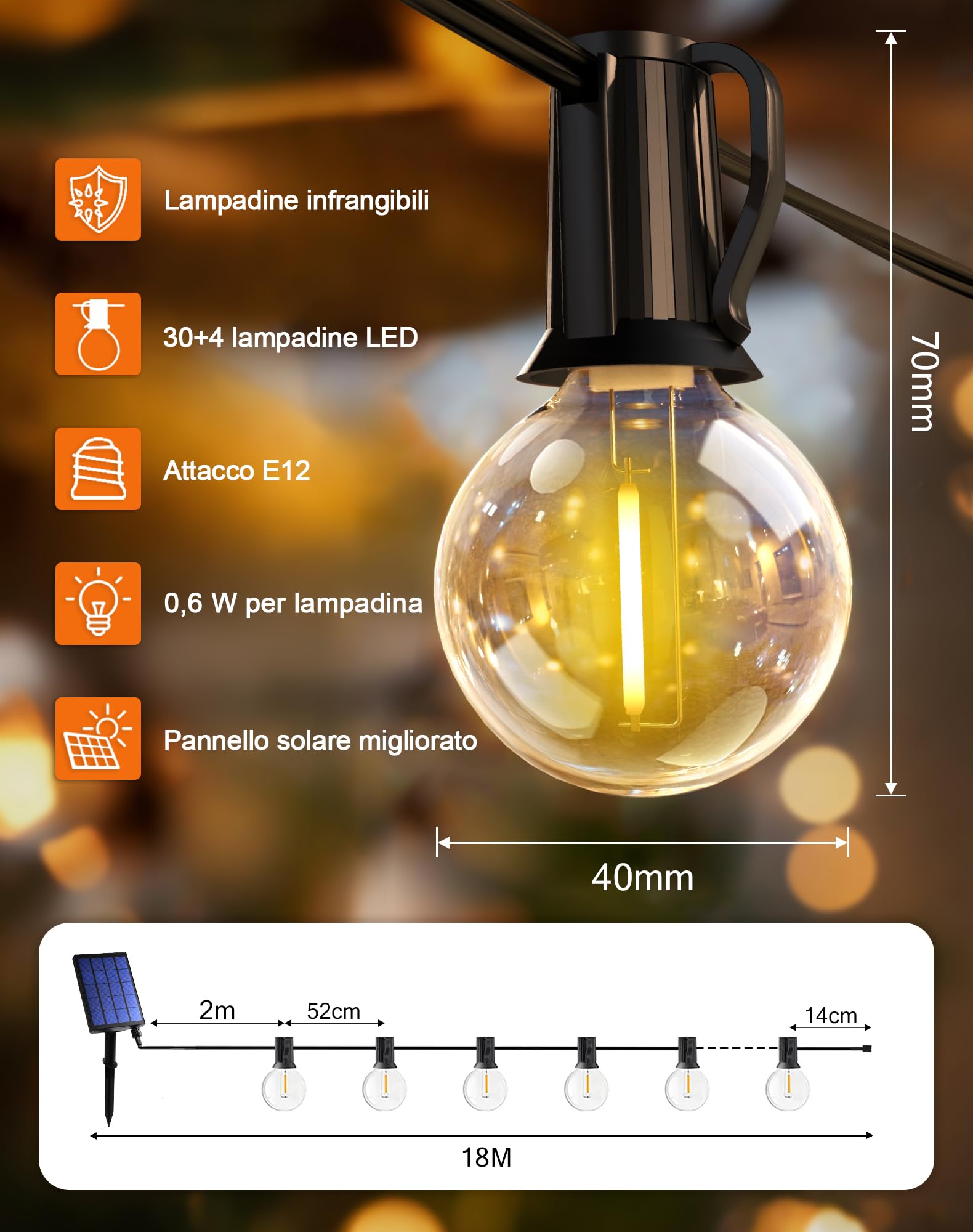 Catena Luminosa Esterno Solare, 18M Luci Solari Esterno Giardino con 30+4 G40 LED Plastica Lampadine, Bianco Caldo Impermeabile Catena Luci Solari con Telecomando per Festival, Feste, Giardini