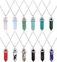 eBoot 12-Piece Women's Chakra Crystal Hexagonal Bullet Pendant Necklaces Set - Pointed Quartz Gemstone Chains with Storage Bag, Soft Colors