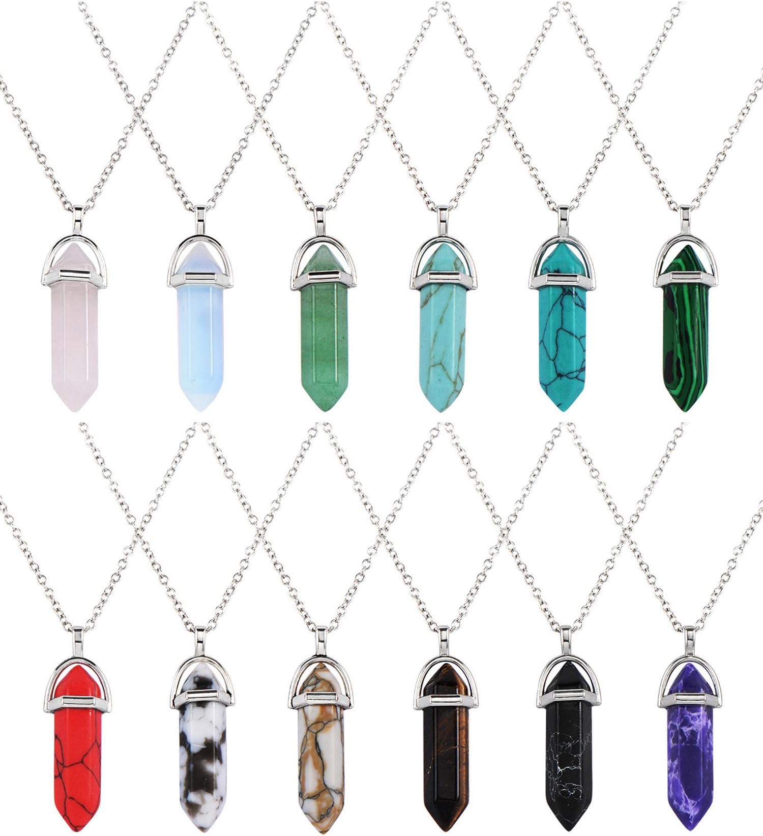 12 Pieces Hexagonal Chakra Crystal Bullet Shape Gemstone Pendant Necklaces Pointed Quartz Stone Chain Necklaces Artificial Stone with Storage Bag