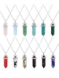 womens 12 Pieces Hexagonal Chakra Crystal Bullet Shape Gemstone Pendant Necklaces Pointed Quartz Stone Chain Necklaces Artificial Stone with Storage Bag (Soft Color Set)