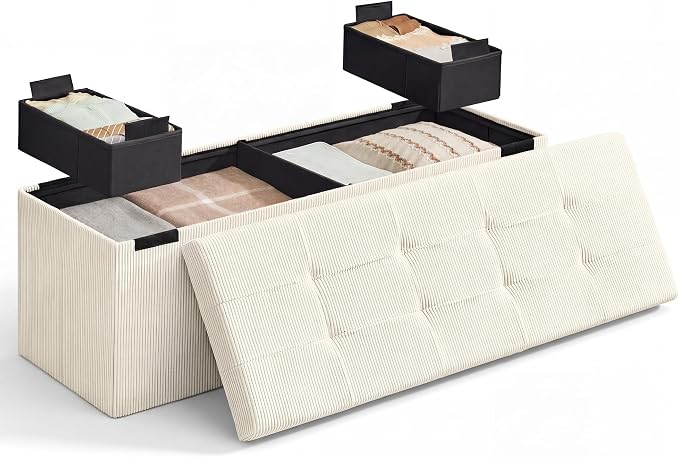 SONGMICS HOME Ottoman with Storage, Removable Lid, Folding Storage Chest, Easy Assembly, for Entryway, Bedroom, Living Room, 15.2 x 43.2 x 15.2 Inches, Velvet, White