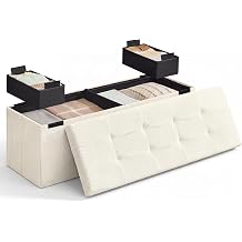 SONGMICS Home Ottoman with Storage, Removable Lid, Folding Storage Chest, Easy Assembly, for Entryway, Bedroom, Living Room, 15.2 x 43.2 x 15.2 Inches, Corduroy, Light White