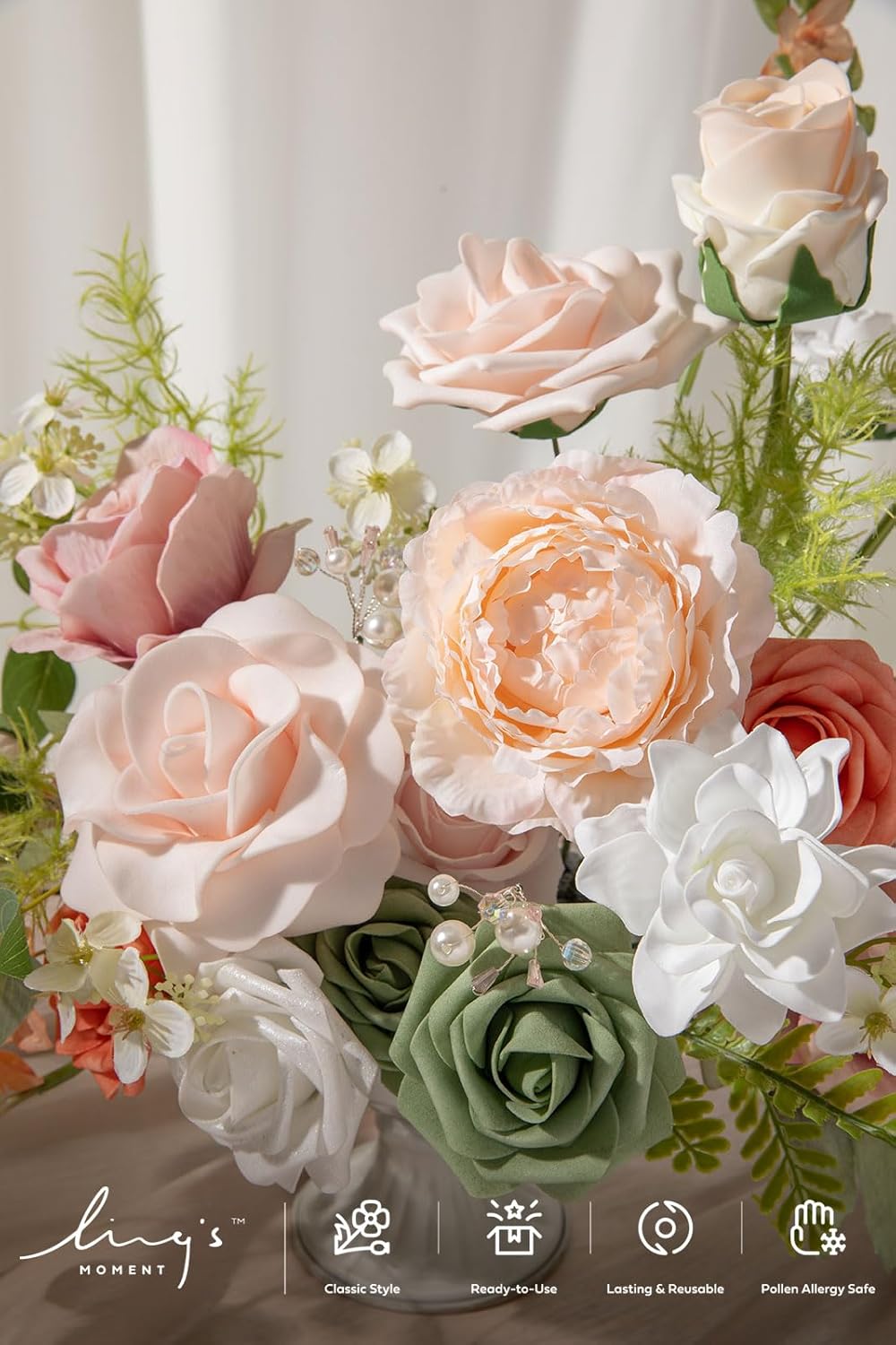 Ling's moment Fake Flowers Box, Faux Artificial Greenery Stems Foam Roses Gardenia Silk Peony Ranunculus Fabic Flower for Centerpieces Bouquet Wedding Vase Decorations, Garden Blush, Grand Combo