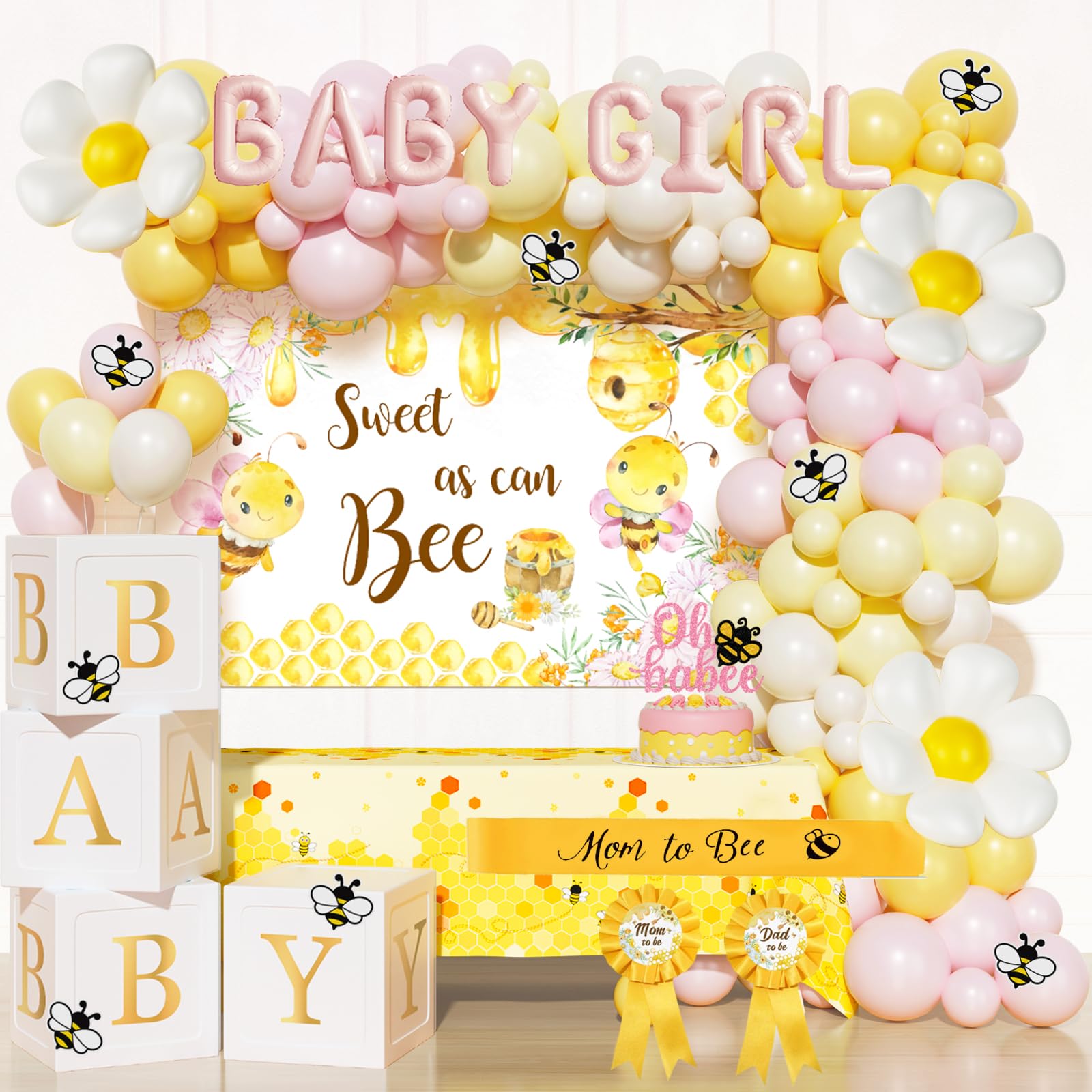 Bee Baby Shower Decorations for Girl – 126PCs Honey Bee Themed Party Supplies Set with Sweet as can Bee Backdrop, Pink Yellow Balloon Garland Kit, Tablecloth, Sash, Badges