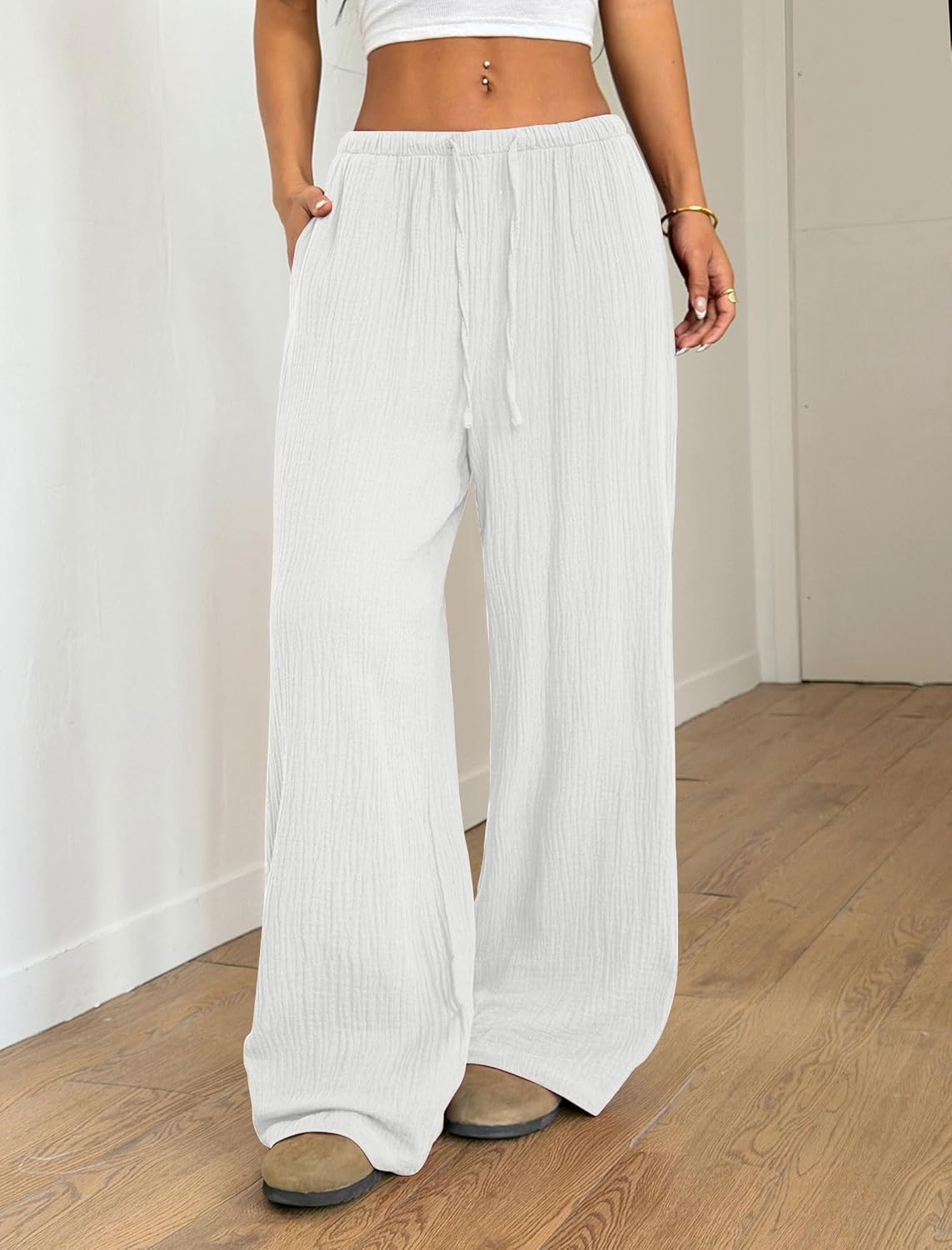 ZAFUL Drawstring Elastic Low Waist Flowy Palazzo Pants for Women with Pockets Casual Loose Pant Spring Summer Outfits - Image 5