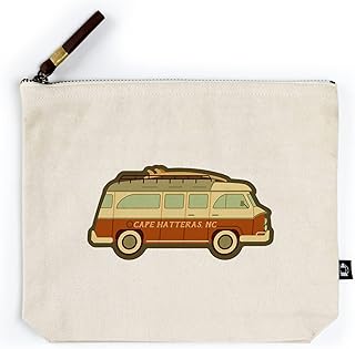 Cape Hatteras, North Carolina, Camper Van with Surfboard, Geometric, Contour (100% Cotton Canvas Travel Accessory Go Bag)