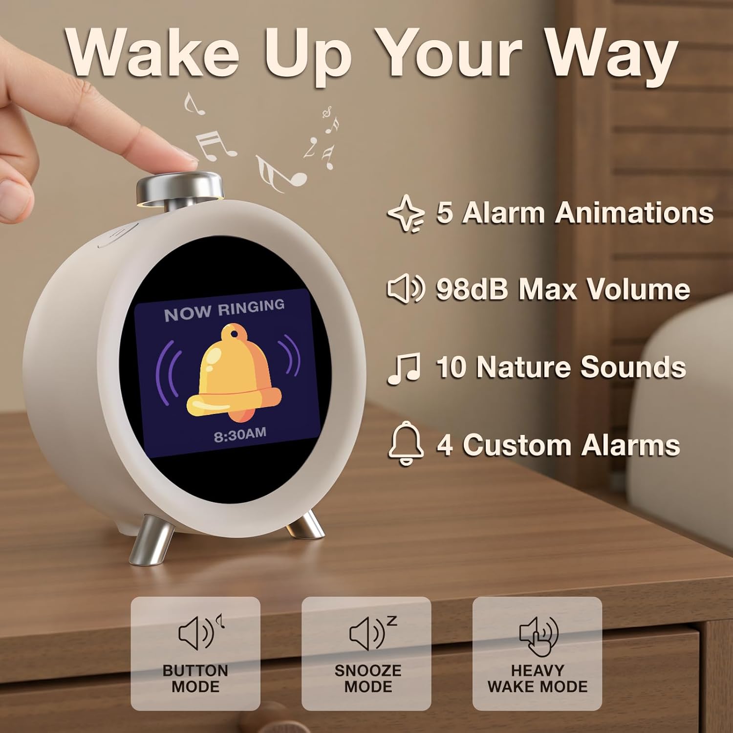 Dekala ChronoSense Alarm Clock showing alarm settings and wake modes.