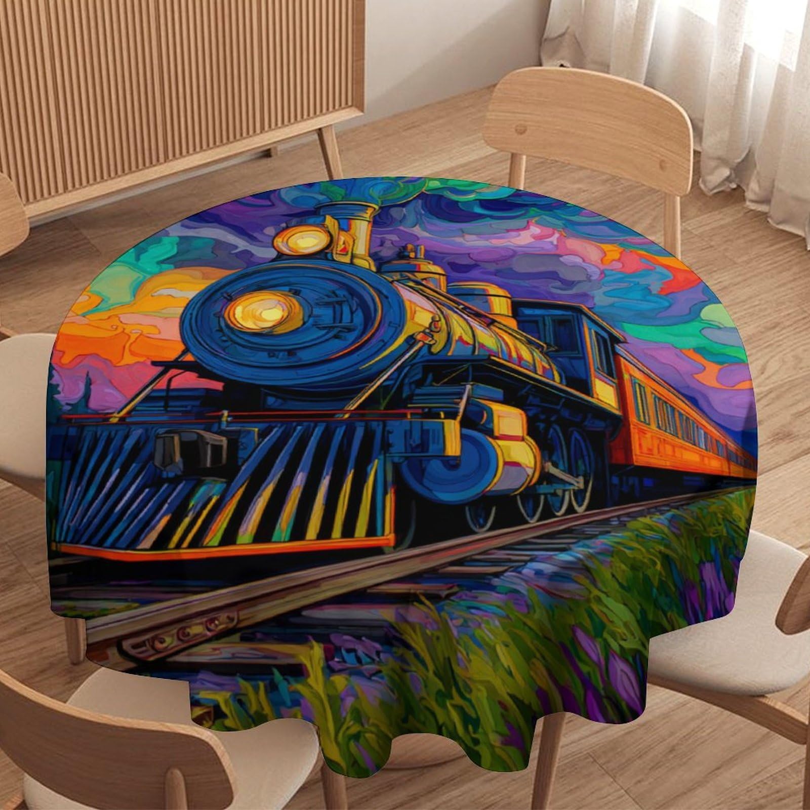 LUYYSKY Retro Aesthetic Steam Train Waterproof Round Tablecloth Classic Abstract Sunset Forest Steampunk Steam Train Washable Table Cover for Kitchen-177.8" Wx177.8 L cm