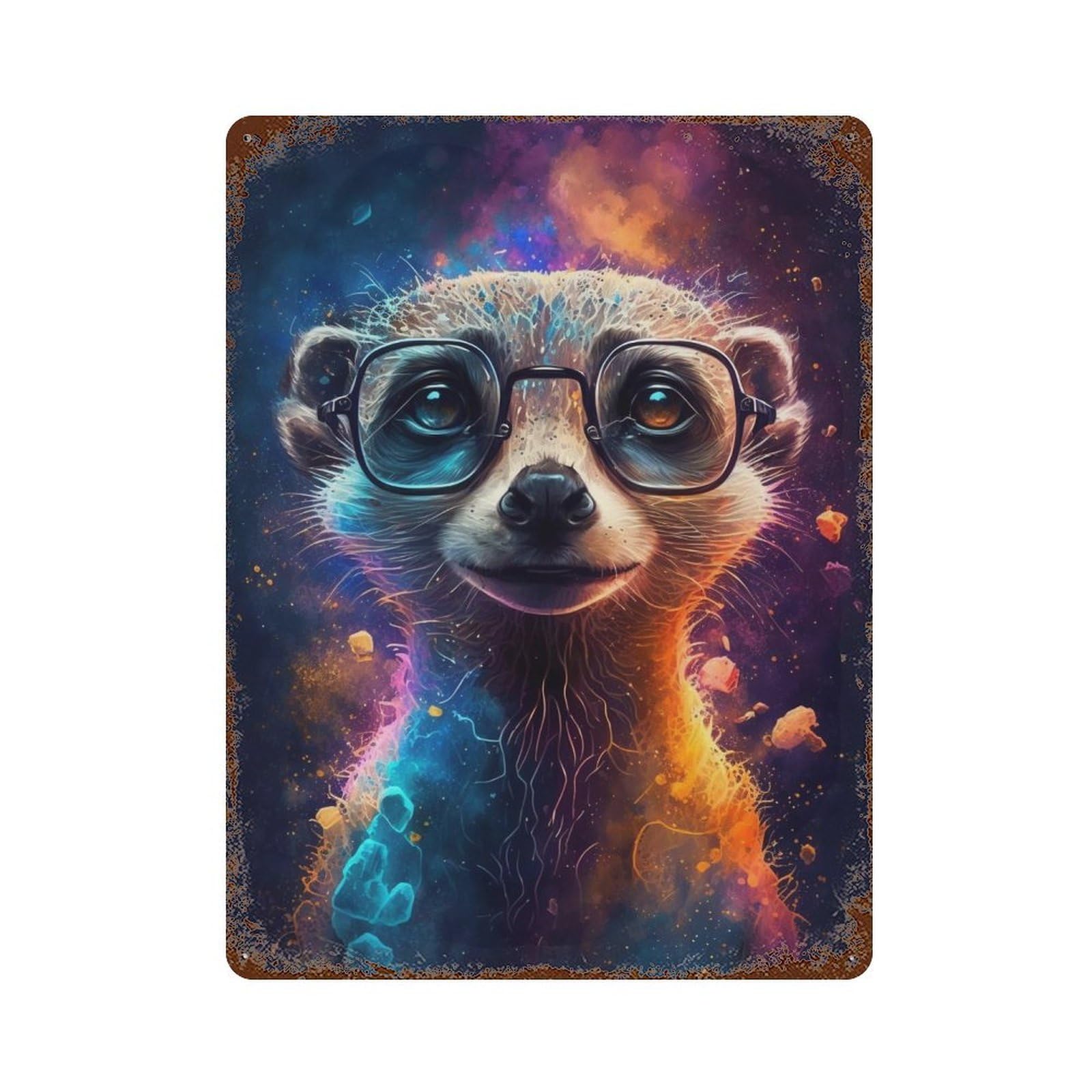 Meerkat Glasses Cosmic Art Print Weathered Tin Sign 15.7"x11.8", Decorative Metal Wall Art for Garage, Bar And Workshop Decor