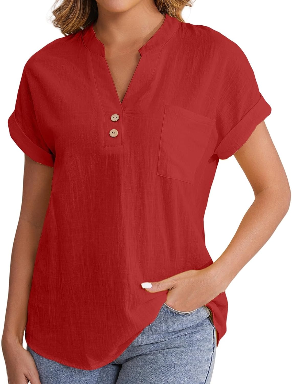 Women's American Flag Patriotic V-Neck T-Shirt - 4th Of July, Stars & Stripes, Red, Small