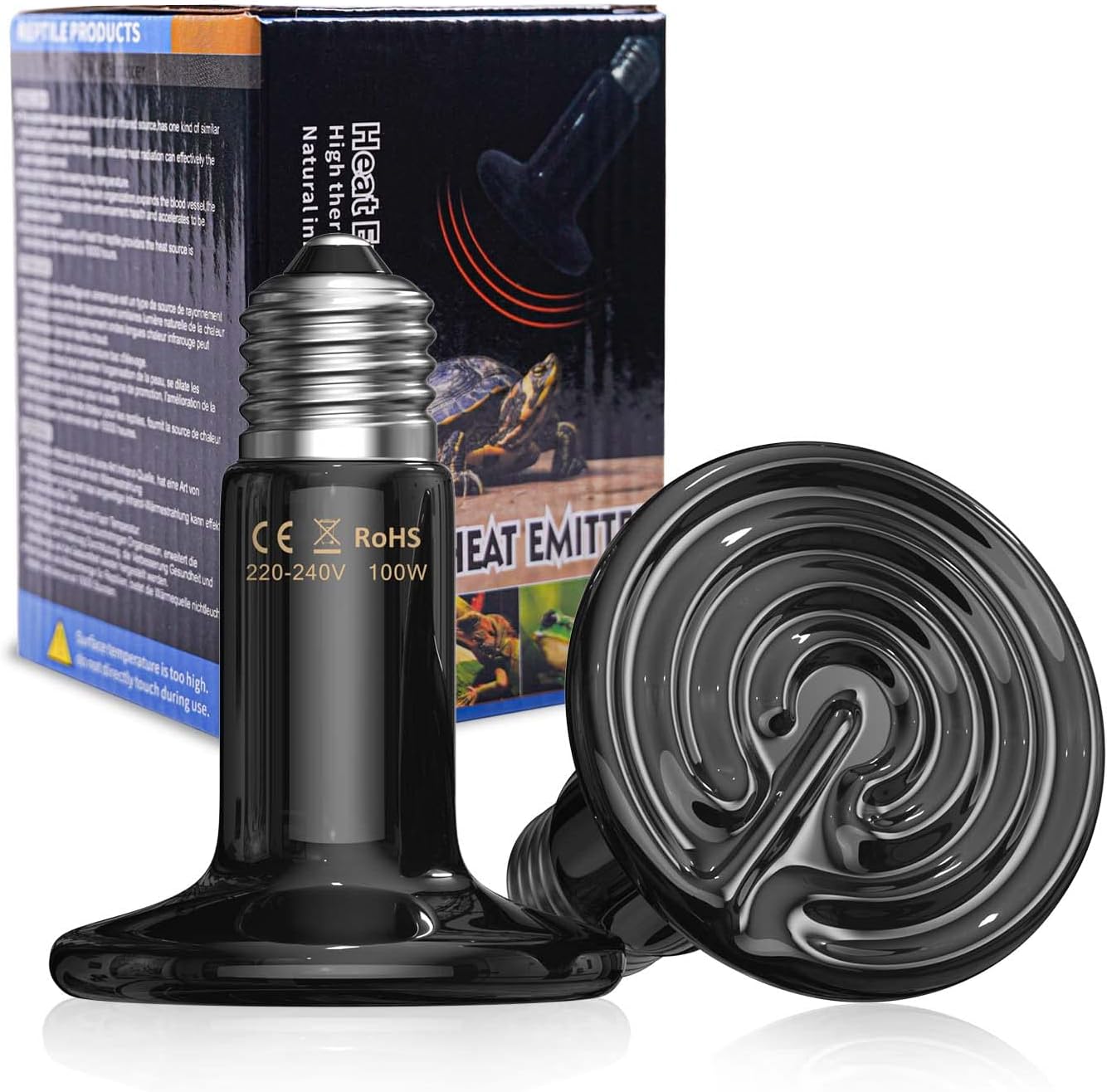 2Pack 100W Reptile Heat Lamp Bulb, E27 Black Ceramic Heat Bulb, No Light, No Harm, Ceramic Heat Emitter, Ceramic Heat Lamp for Reptiles/Lizards/Tortoise/Chicken