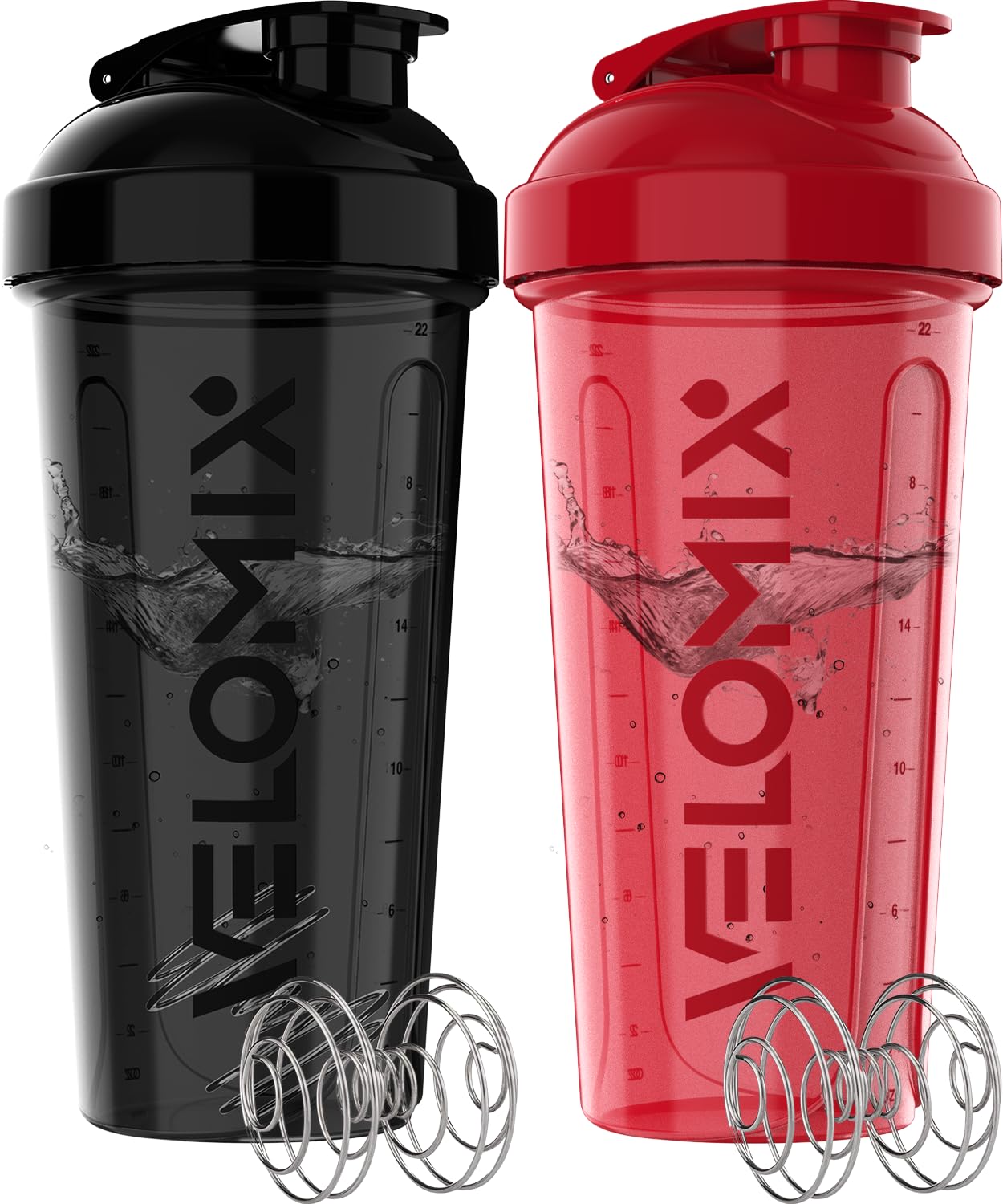 VELOMIX -2 Pack- 28 oz Protein Shaker Bottles for Protein Mixes - 2x Wire Whisk | Leak Proof Shaker Cups for Protein Shakes | Protein Shaker Bottle Pack | Shakers for Protein Shakes-Black&Red