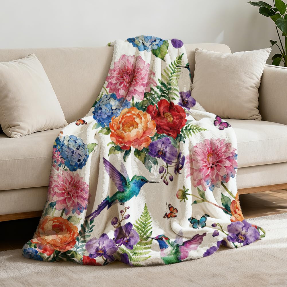 GLOBLELAND Hummingbird Flower Butterfly Throw Blankets 59 x 51 Spring Floral Dahlia Hydrangea Throw Flannel Blanket Colorful Animals Flowers Blanket for Bedroom Dorm Office Home Sofa Travel