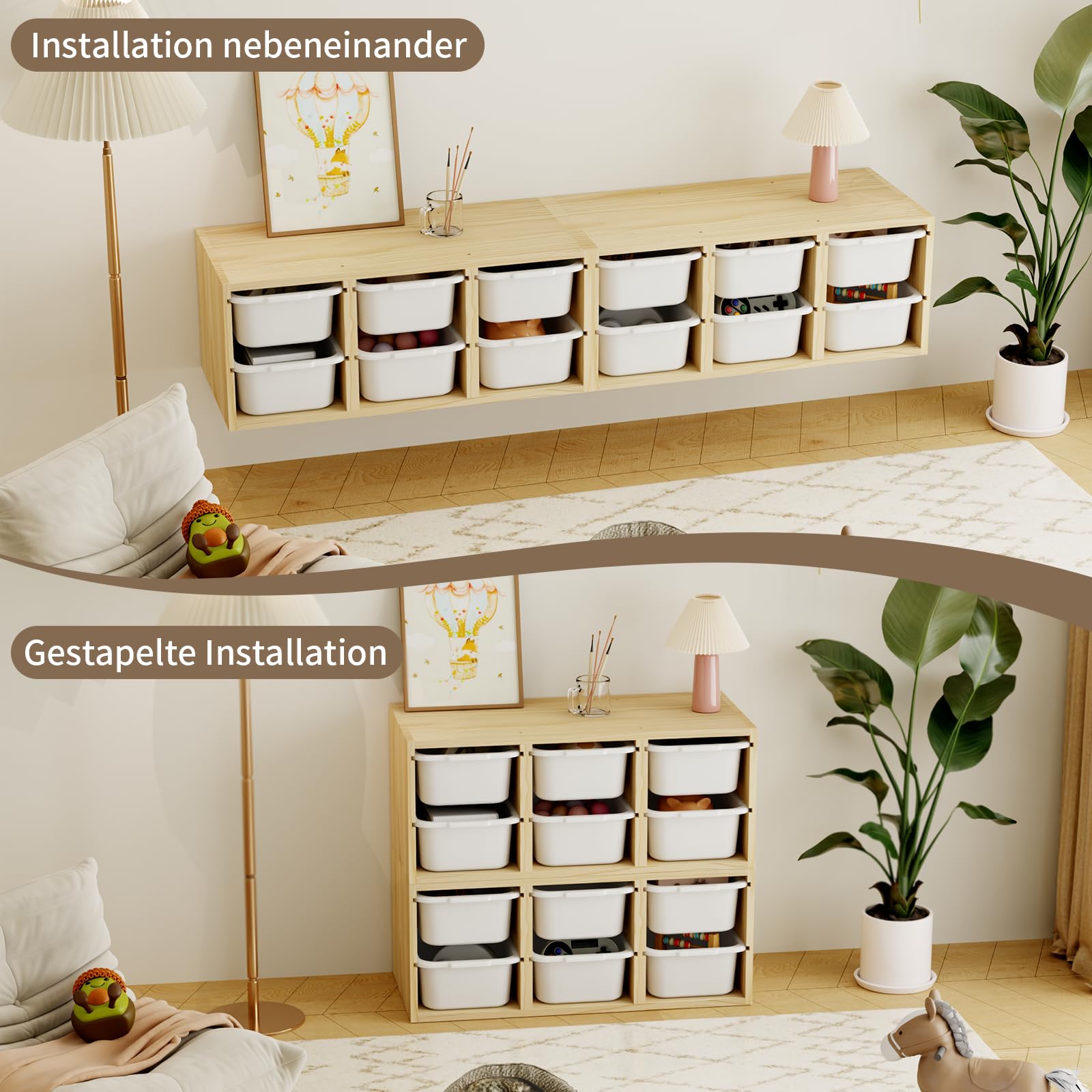 Montessori-Spielzeugregal aus Massivholz zur Wandmontage mit 6 Fächern, Spielzeugablage mit Ablagefläche zum Lernen und Spielen, Aufbewahrung für Kinderbücher, platzsparende Hängebox