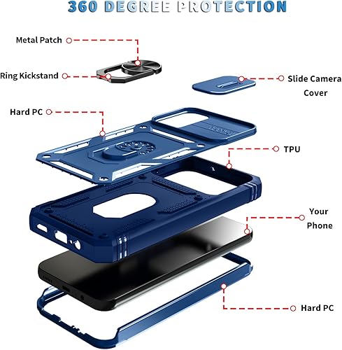 Miniatura 3 de PASNEW Funda para teléfono Galaxy A14 5G, soporte de 360 y cubierta de cámara deslizante, carcasa rígida militar resistente a prueba de golpes,