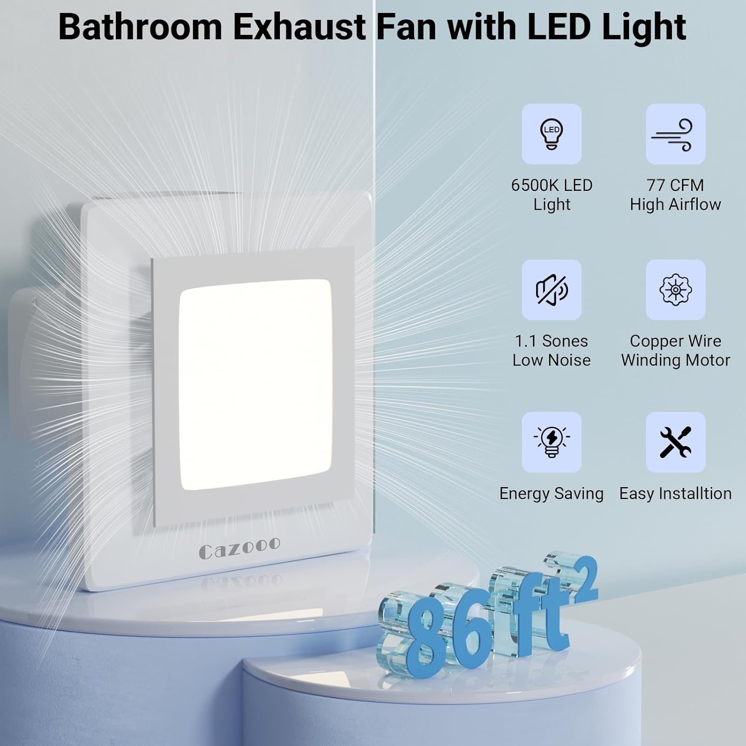 Bathroom Exhaust Fan 10x10 Inch with LED Lighting Ultra Quiet High Airflow 77 CFM Ideal for Bathroom and Space 4 Inch Duct Diameter Easy Ceiling Installation Extractor Fan with Warranty