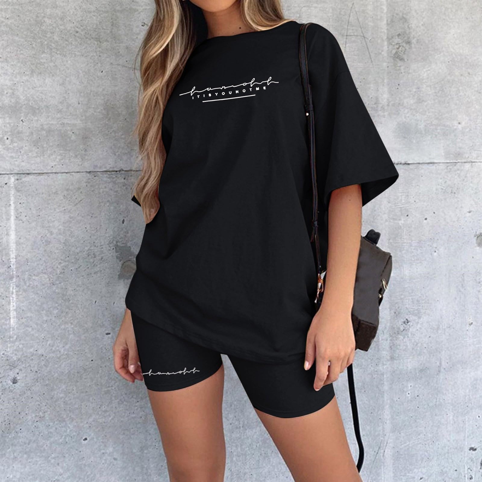 Generisch Oversize Set Damen Sommer T-Shirt und Radlerhose mit Buchstaben-Print Sportanzug Biker Shorts Einfarbig Elastisch Atmungsaktiver Hausanzug Loungewear Jogginganzug für Freizeit