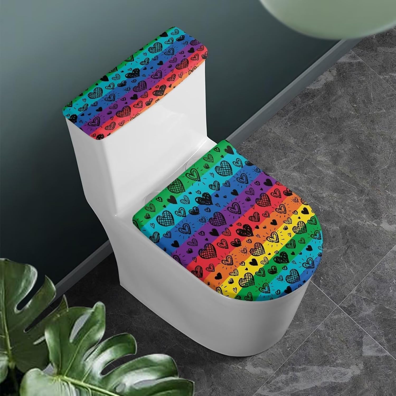 Rainbow Toilet Seat Cover Pride Month Heart Toilet Lid Cover Toilet Tank Decor Polyester Waterproof Easy to Install Elastic Edges Universal Fit for Round Oval Elongated Toilets image 2