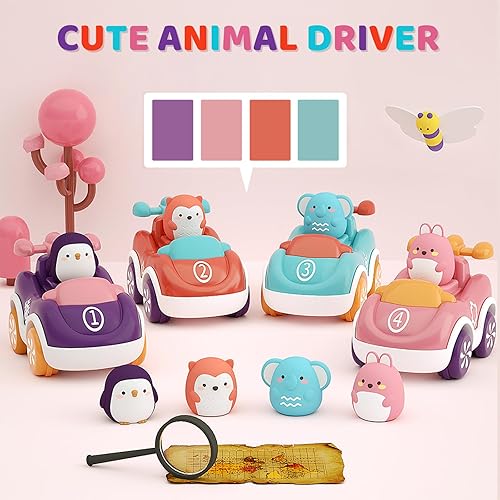 Miniatura 2 de Marstone Juguetes para niñas de 1 año o más, paquete de 4 coches de empuje de dibujos animados de animales, juguetes educativos para niños pequeños