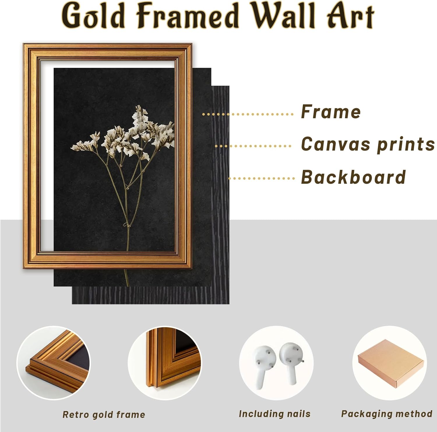 Vintage Gold Framed Wall Art, Retro Dark Dried Flower Paintings, Moody Floral Pictures Wall Decor, Victorian Canvas Prints, Botanical Artwork for Living Room Bedroom Home Decor, 12x16 Inch