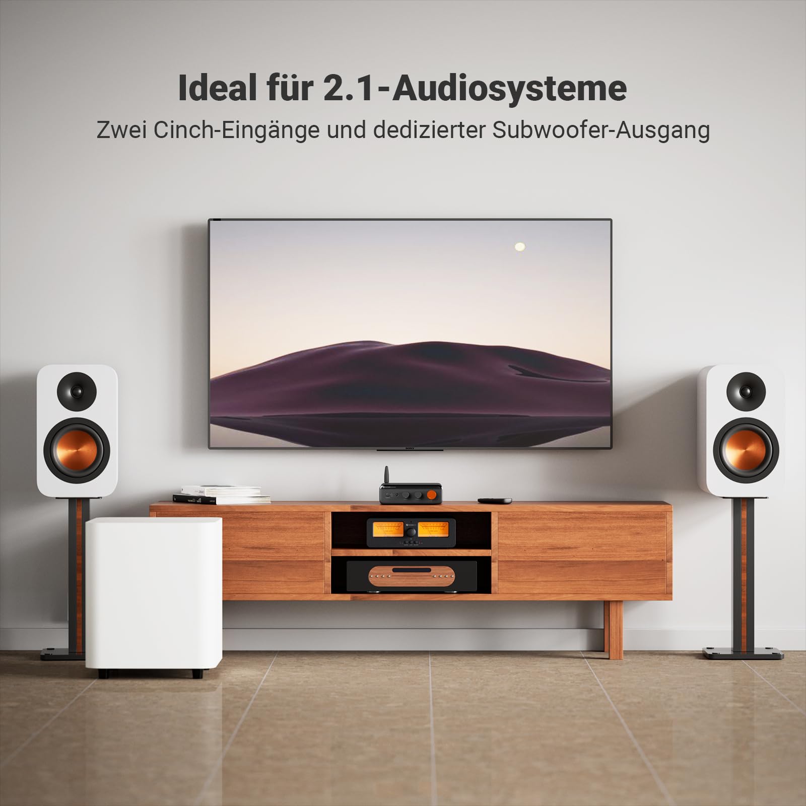 Fosi Audio BT20A MAX Verstärker HiFi Stereo, 300 Wx2@4Ω, 2.1 Verstärker mit PFFB-Technologie, LDAC Bluetooth 6.0, 2 unabhängige Netzteile, Fernbedienung, für 2.1-Systeme und Heim-Audioanlagen