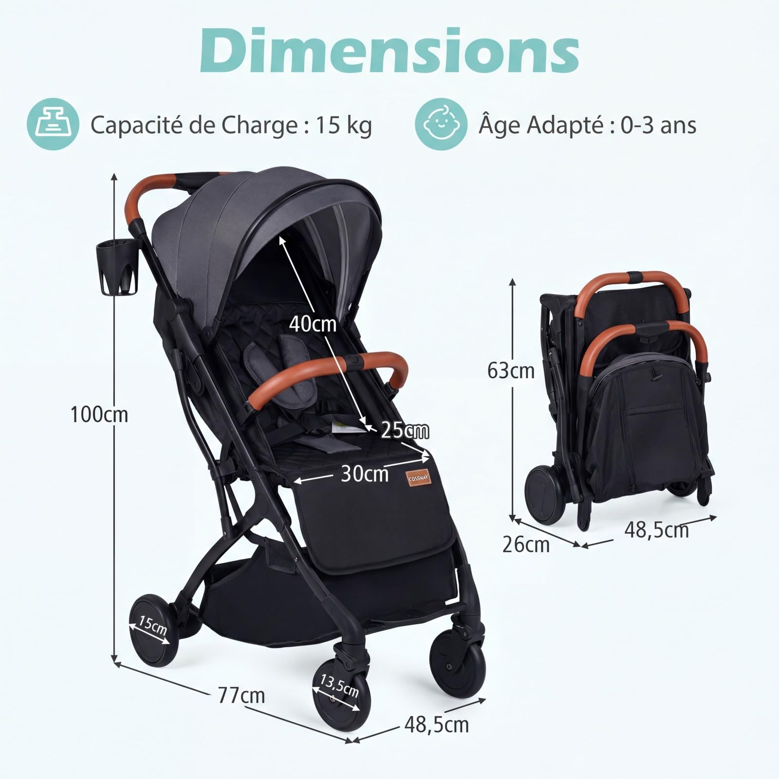 COSTWAY Poussette Canne Bébé avec Capote Réglable & Dossier Inclinable, Poussette Compacte Pliable à une Main, avec Harnais 5 Points, Grand Panier, Porte-Gobelet, Housse Pluie, 0-3 Ans, 15 kg (Gris)