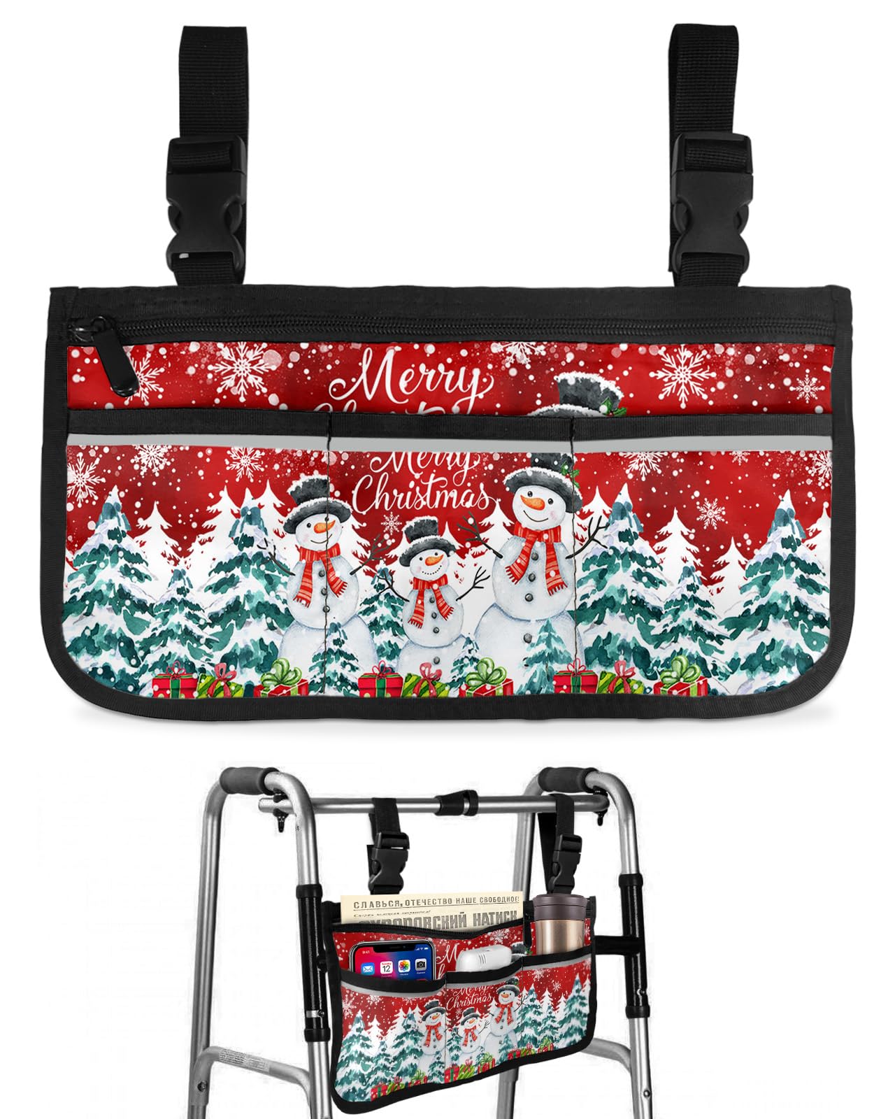 Christmas Snowman Wheelchair Side Bag Walker Bag, Xmas Tree Snowflake Red Wheelchair Accessories Armrest Pouch, Organizer Storage Bag for Walkers, Rollators, Scooters, 7.3''x13''