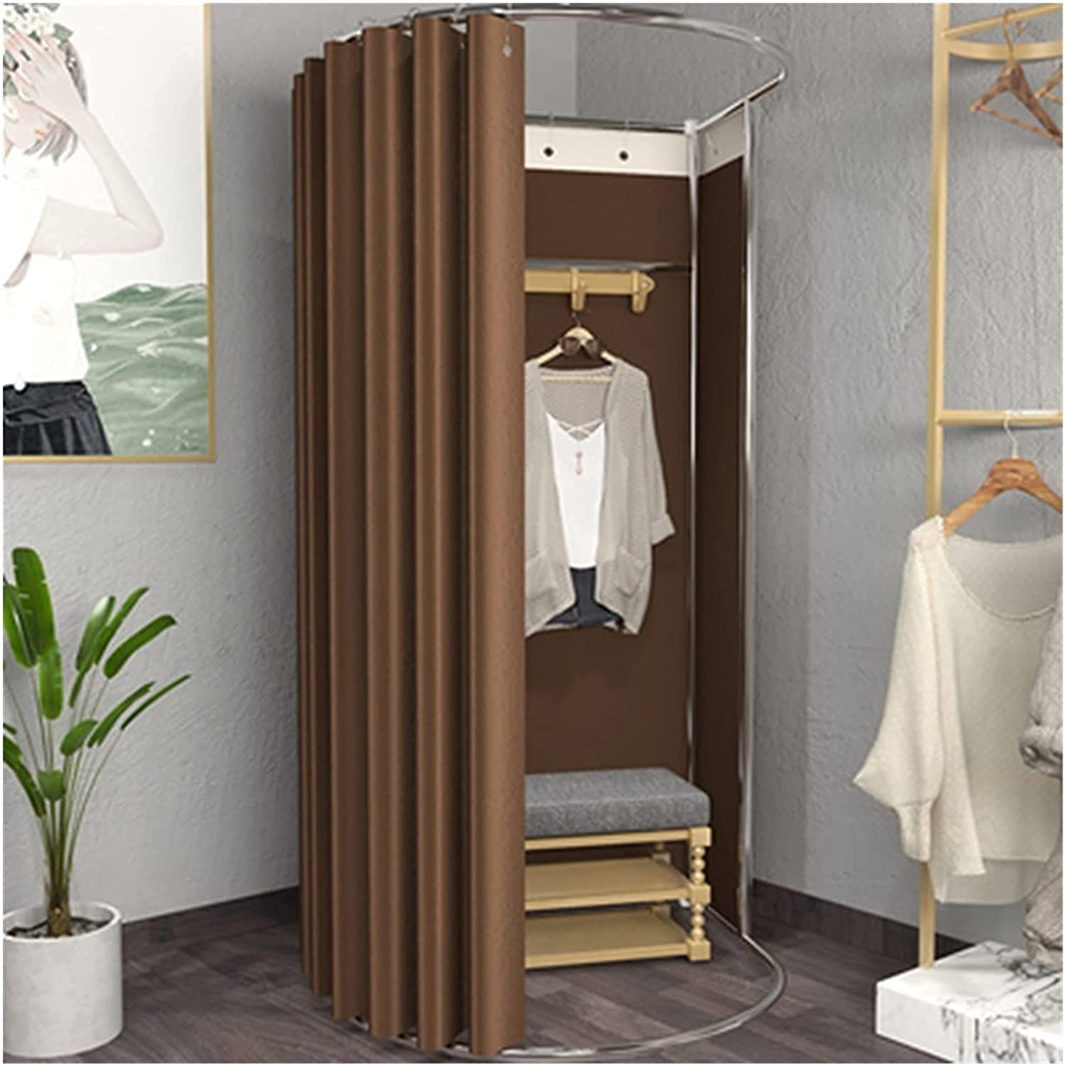 Cabine d'essayage au sol avec crochet vestiaire portable marron et rideau d'ombrage d'intimité opaque