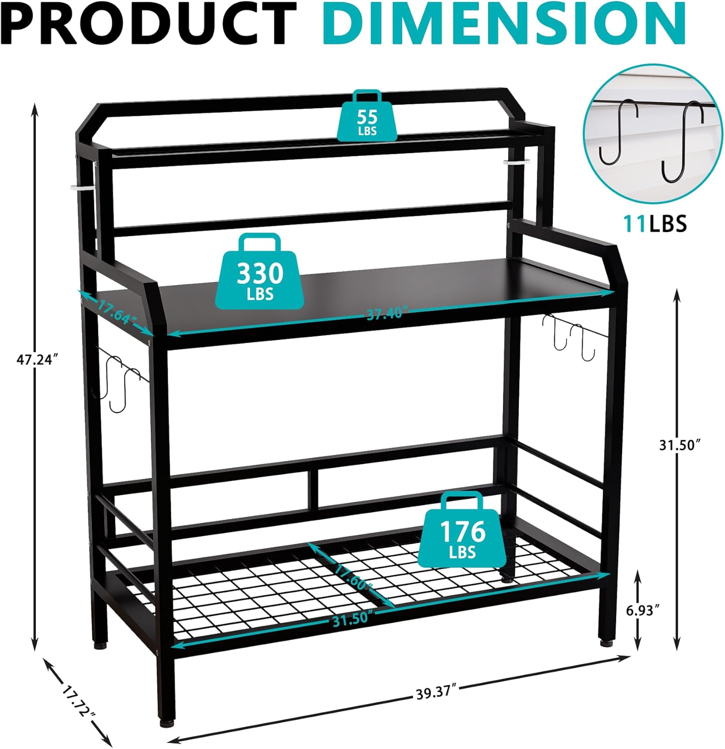 Outdoor Metal Potting Bench Table with Storage,3-Tier Heavy Duty Garden Workbench,All-Weather Gardening Table with 4 Side Hooks,18" D x 39" W x 32" - 47" H,Black