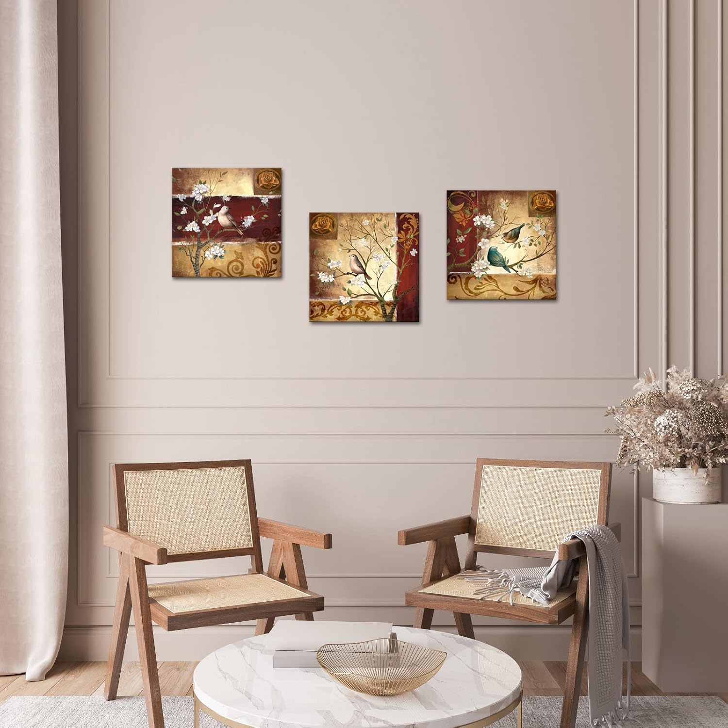 sechars Red and Brown Wall Art Birds on Tree Branch Painting Pictures Print Vintage Artwork for Kitchen Bedroom Bathroom Decoration Ready to Hang (Small)