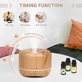Homeweeks 300ml Essential Oil Diffuser, Quiet Aromatherapy Mist Diffusers for Essential Oils, Wood Grain, Ultrasonic, Remote Control, Timer, 7 Colors Light for Bedroom (300ml Yellow Wood Grain)