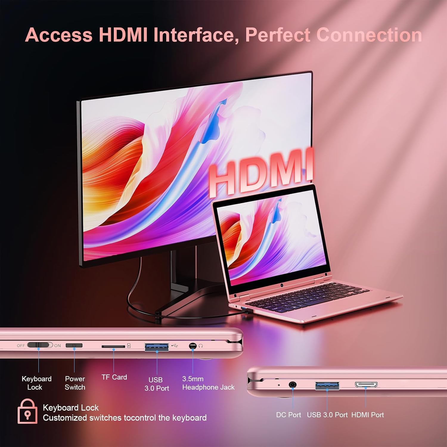 LEEDOW 11.6 inch Laptop 6GB RAM 128GB SSD, 360° Foldable Touchscreen Laptop Celeron N4020, Laptop Computer Support TF Card, 2.4G/5G Dual-Band WiFi, Bluetooth, USB 3.0 * 2 for Work, Education, Travel — view 8