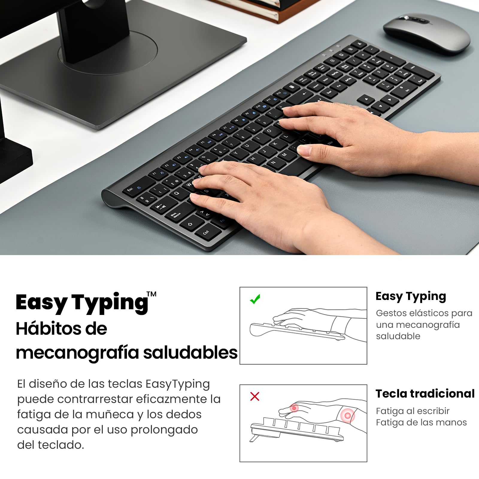 Combo Teclado y Ratón Inalámbrico- cimetech Teclado y ratón Recargable 2.4G, QWERTY Español Layout, Teclado de diseño ergonómico, Ultrafino para Ordenador/PC/portátil/Windows 10/8/7(Gris)