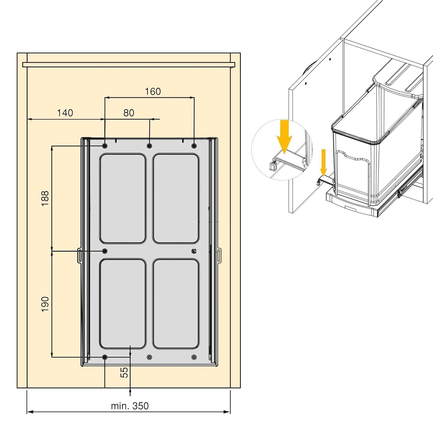 Emuca - Recycling bin for kitchen unit, 24 L, bottom fixing and manual/automatic pull-out, Anthracite grey plastic.