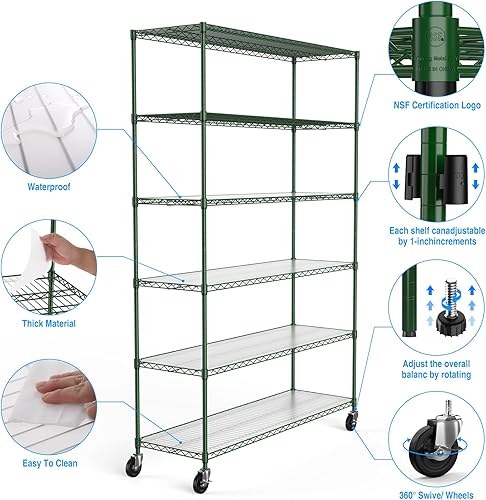 Miniatura 4 de Estantería de alambre de metal NSF de 6 niveles con capacidad de 6000 libras, estante de almacenamiento ajustable resistente con ruedas y