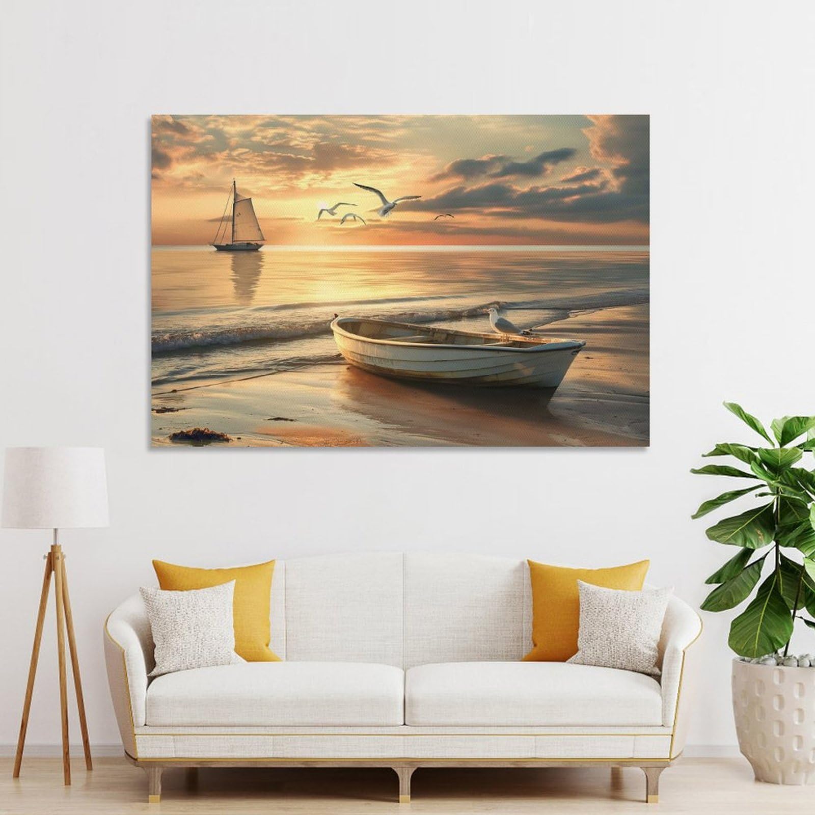 Junmoney Beach Sunset with Boats Canvas Wall Decor, 24x36inch(60x90cm), for Wall Displays, Bedrooms Or Room Updates, Wall Decor Suited to Curated Displays