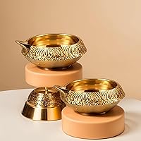 Vista 5 de Hashcart Diya de latón para Pooja Kuber Diya [ paquete de 4 piezas] - Diwali Diyas Diya lámpara para Puja tradicional india lámpara de aceite Kutthu