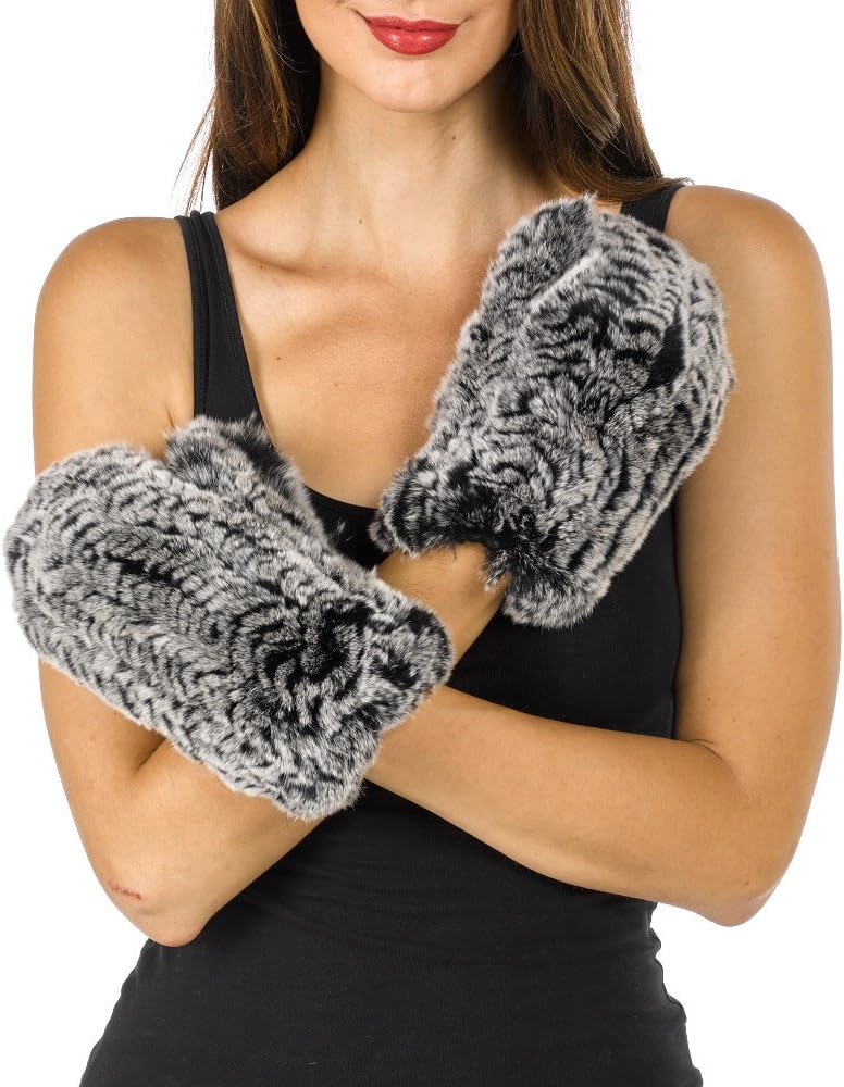 Knit Rex Rabbit Fur Mittens in Black Frost