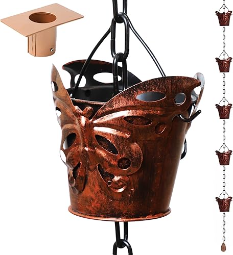 LEPTALINA Cadenas de lluvia de hierro de bronce mariposa de 8.5 pies para canalón y barril de lluvia, resistente al óxido, cadena de lluvia chapada
