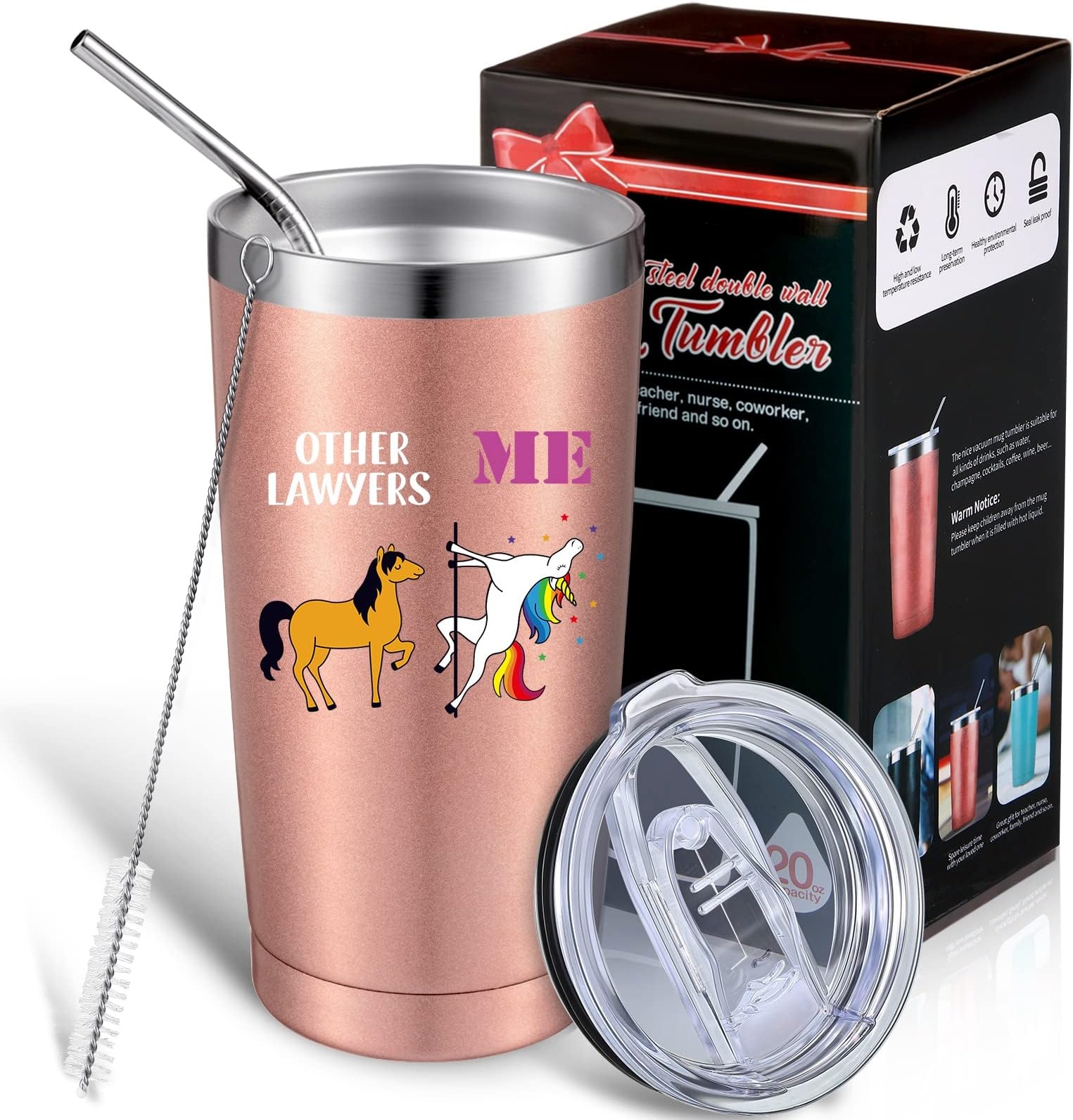 Other Lawyers Me Unicorn Coffee Mug, Lawyer Gifts for Law School, Judge, Attorney, Lawyer Student, Paralegal, Prosecutor, Graduation, 20 oz Travel Tumbler Cup with Lid Straw and Brush (Rose Gold)