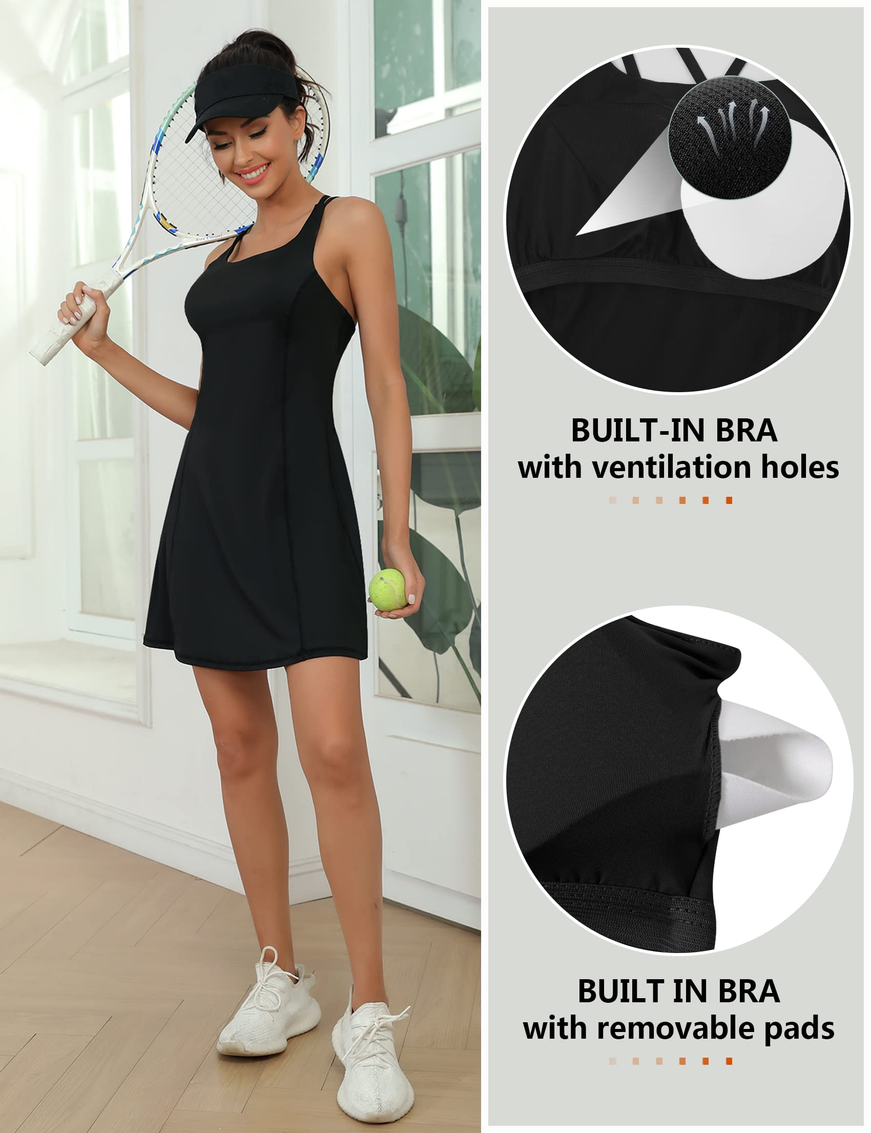 Terecey Abito Tennis Donna con Pantaloncino,Gonna Tennis Donna,Abito Golf Donna Elegante,Abito Corto Sportivo Donna con Due Tasche Laterali,Abito Tennis con Sottobicchiere Invisibile （Nero,XL