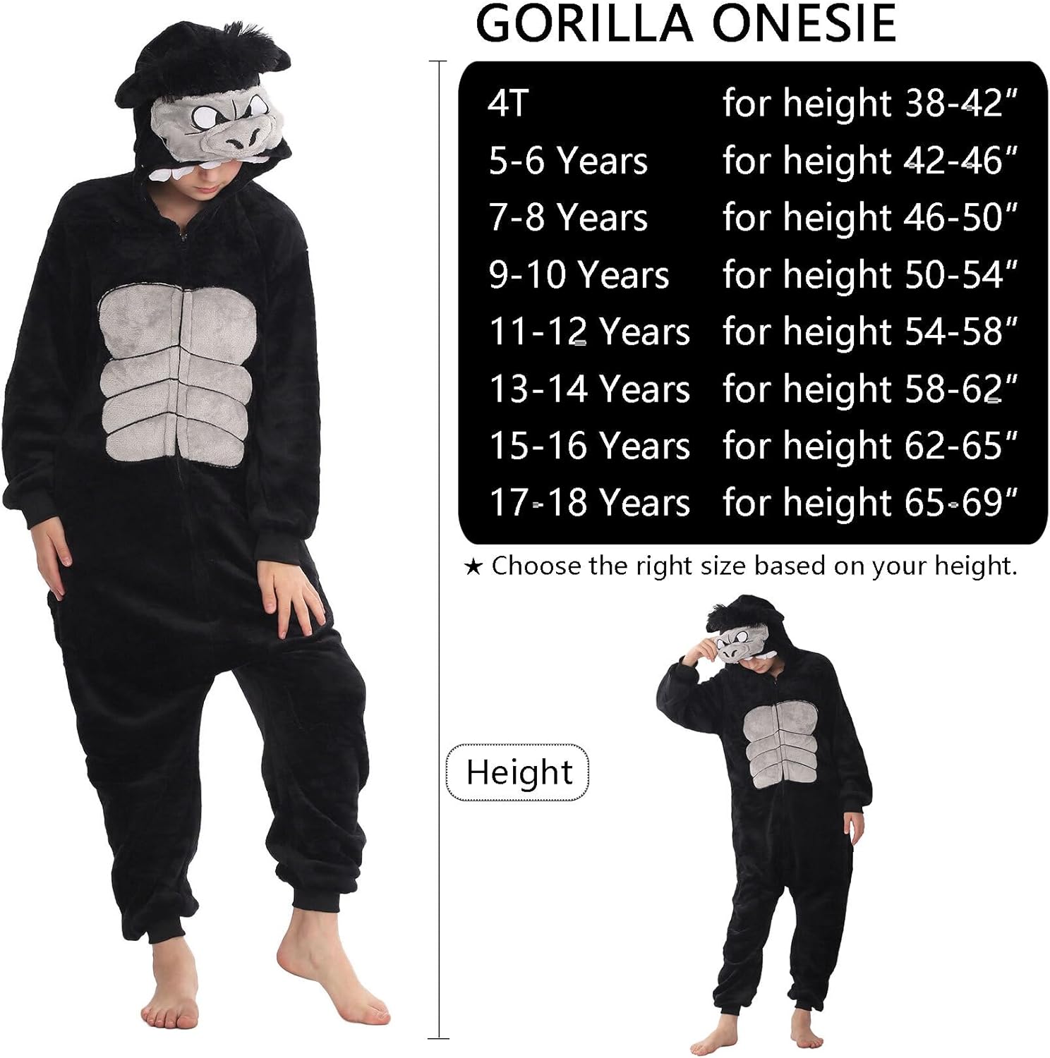 WAFUNNE Animal Onesie Costume for Kids Child Boys Girls Womens Mens Cosplay Halloween Costumes Easter Onesies Black Gorilla - Image 3