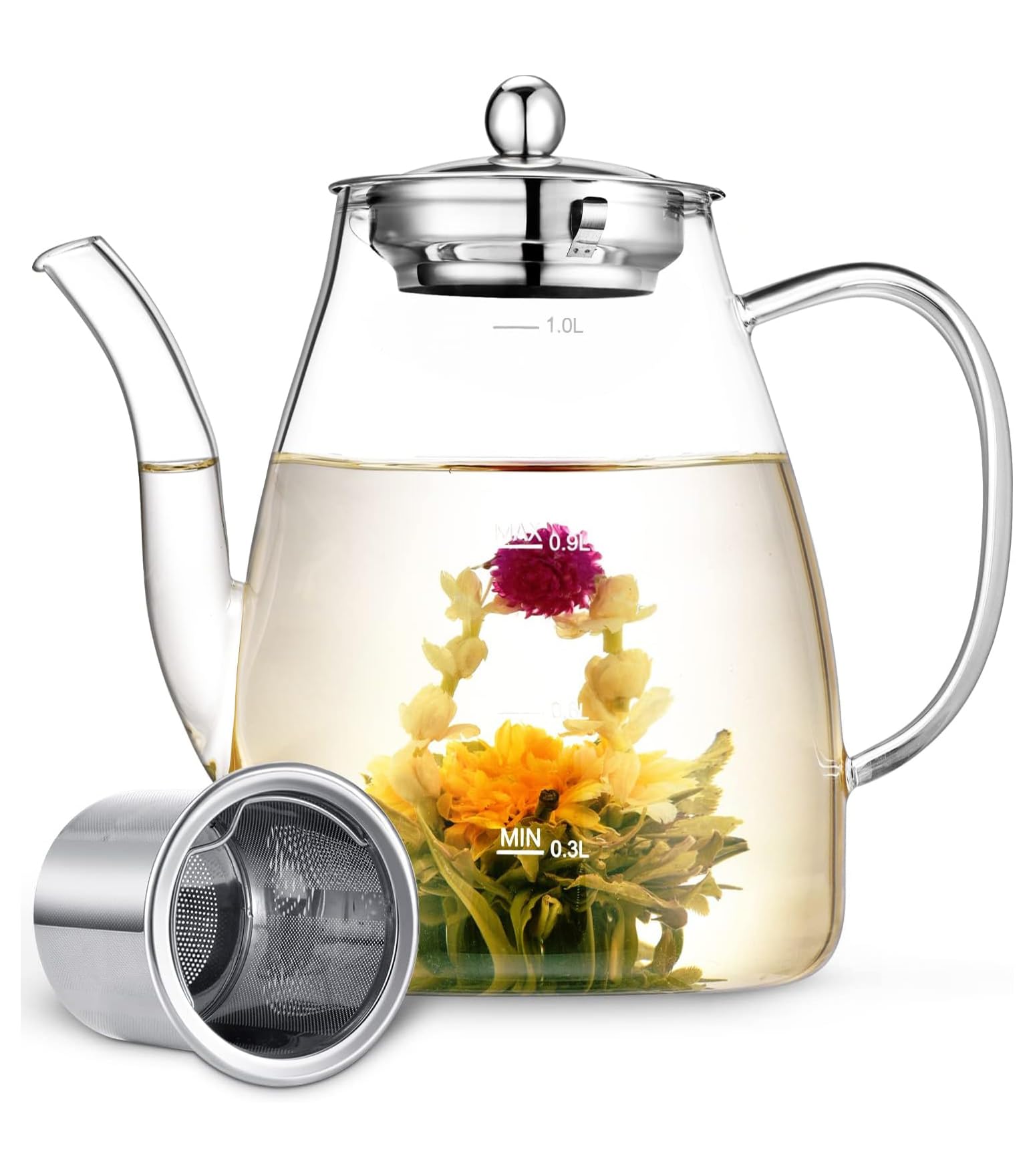 Glass Teapot, 1000ml Teapot with Removable Loose Tea Infuser, Borosilicate Glass Tea Pot (1000ml)